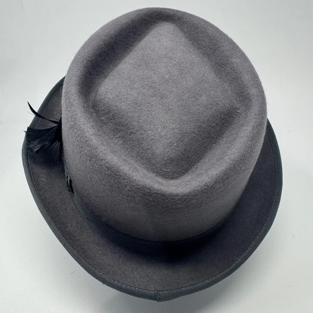 Milani Mens XL Grey 100% Wool Fedora Hat with Feather Detail and Grosgrain Band